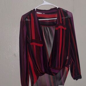 Bisou Bisou Red & Purple Striped V-Neck Blouse
